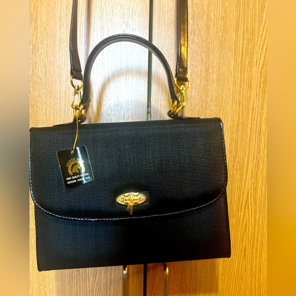 NWT Woman Genuine Horse Hair Black Crossbody  Top Handle Structured Leather Bag